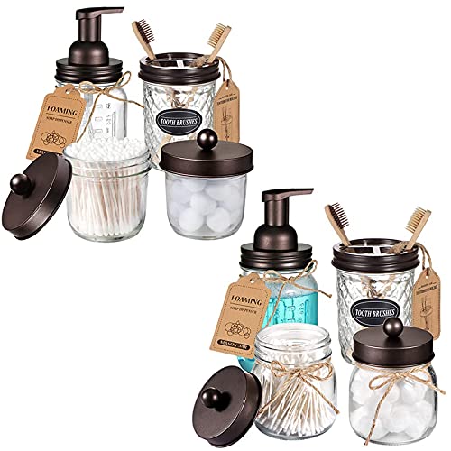 4pcs & 4pcs Bronze Mason Jar Bathroom Accessories Set - 2 Foaming Soap Dispenser& 2 Qtip Holder (regular mouth)&2 Cotton Swab Holder (wide mouth)&2 Toothbrush Holder-Rustic Farmhouse Decor Bathroom