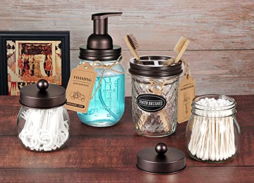 4pcs & 4pcs Bronze Mason Jar Bathroom Accessories Set - 2 Foaming Soap Dispenser& 2 Qtip Holder (regular mouth)&2 Cotton Swab Holder (wide mouth)&2 Toothbrush Holder-Rustic Farmhouse Decor Bathroom