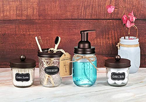 4pcs & 4pcs Bronze Mason Jar Bathroom Accessories Set - 2 Foaming Soap Dispenser& 2 Qtip Holder (regular mouth)&2 Cotton Swab Holder (wide mouth)&2 Toothbrush Holder-Rustic Farmhouse Decor Bathroom