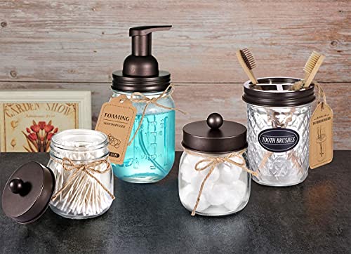 4pcs & 4pcs Bronze Mason Jar Bathroom Accessories Set - 2 Foaming Soap Dispenser& 2 Qtip Holder (regular mouth)&2 Cotton Swab Holder (wide mouth)&2 Toothbrush Holder-Rustic Farmhouse Decor Bathroom