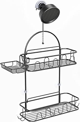 Glorystage Hanging Shower Head Caddy for Bathroom, Black Hanging Shower Shelf Organizer, Rustproof Stainless Steel Anti-Swing Storage Rack with Soap Holder and Hooks