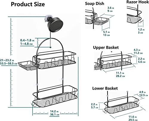 Glorystage Hanging Shower Head Caddy for Bathroom, Black Hanging Shower Shelf Organizer, Rustproof Stainless Steel Anti-Swing Storage Rack with Soap Holder and Hooks
