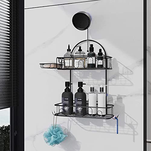 Glorystage Hanging Shower Head Caddy for Bathroom, Black Hanging Shower Shelf Organizer, Rustproof Stainless Steel Anti-Swing Storage Rack with Soap Holder and Hooks