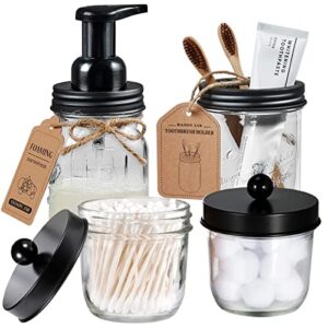 mason jar bathroom accessories set(4 pack) - foaming soap dispenser&qtip holder set&toothbrush holder-rustic farmhouse decor bathroom organizer apothecary jar country countertop (black)