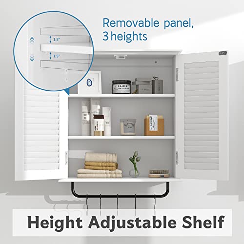 TaoHFE Bathroom Cabinet Wall Mounted White Designer Bathroom Wall Cabinet Medicine Cabinet with Double Shutter Doors 3 Tier Adjustable Shelf with Towel Rack Over The Toilet Storage Cabinet Laundry