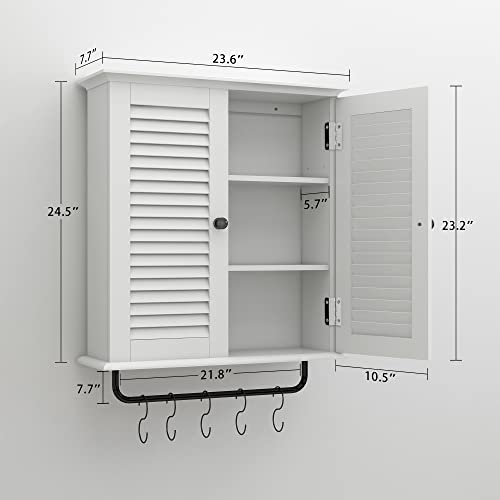 TaoHFE Bathroom Cabinet Wall Mounted White Designer Bathroom Wall Cabinet Medicine Cabinet with Double Shutter Doors 3 Tier Adjustable Shelf with Towel Rack Over The Toilet Storage Cabinet Laundry
