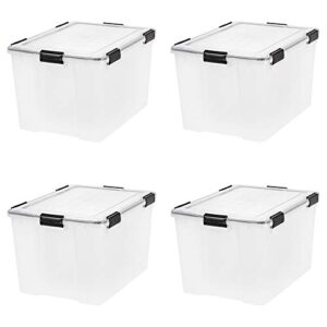 iris usa 110586 74 quart clear plastic weathertight stackable buckle down storage latch box container for home or office organization (4 pack)
