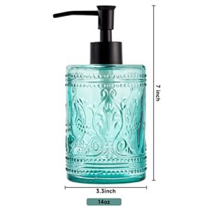 Teal Blue Glass Bathroom Accessories Set with Decorative Pressed Pattern - Includes 2 Hand Soap Dispenser & Tumbler & Soap Dish & Toothbrush Holder (Teal Blue)