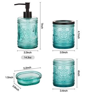 Teal Blue Glass Bathroom Accessories Set with Decorative Pressed Pattern - Includes 2 Hand Soap Dispenser & Tumbler & Soap Dish & Toothbrush Holder (Teal Blue)