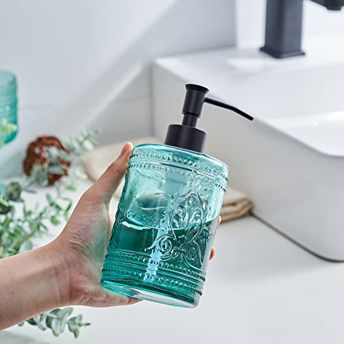 Teal Blue Glass Bathroom Accessories Set with Decorative Pressed Pattern - Includes 2 Hand Soap Dispenser & Tumbler & Soap Dish & Toothbrush Holder (Teal Blue)