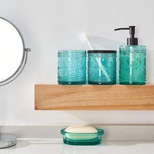 Teal Blue Glass Bathroom Accessories Set with Decorative Pressed Pattern - Includes 2 Hand Soap Dispenser & Tumbler & Soap Dish & Toothbrush Holder (Teal Blue)