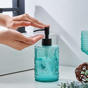 Teal Blue Glass Bathroom Accessories Set with Decorative Pressed Pattern - Includes 2 Hand Soap Dispenser & Tumbler & Soap Dish & Toothbrush Holder (Teal Blue)