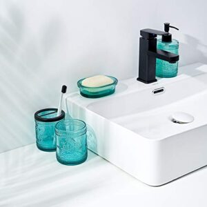 Teal Blue Glass Bathroom Accessories Set with Decorative Pressed Pattern - Includes 2 Hand Soap Dispenser & Tumbler & Soap Dish & Toothbrush Holder (Teal Blue)