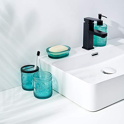 Teal Blue Glass Bathroom Accessories Set with Decorative Pressed Pattern - Includes 2 Hand Soap Dispenser & Tumbler & Soap Dish & Toothbrush Holder (Teal Blue)