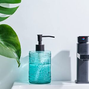 Teal Blue Glass Bathroom Accessories Set with Decorative Pressed Pattern - Includes 2 Hand Soap Dispenser & Tumbler & Soap Dish & Toothbrush Holder (Teal Blue)