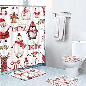 britimes 4 piece shower curtain sets with 12 hooks, christmas santa claus penguin with non-slip rugs, toilet lid cover and bath mat, durable and waterproof, for bathroom decor set, 72" x 72"