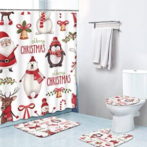 Britimes 4 Piece Shower Curtain Sets with 12 Hooks, Christmas Santa Claus Penguin with Non-Slip Rugs, Toilet Lid Cover and Bath Mat, Durable and Waterproof, for Bathroom Decor Set, 72" x 72"