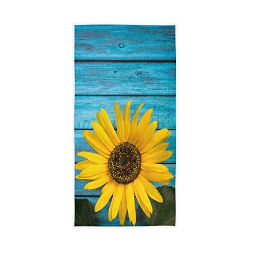QUGRL Blue Wood Sunflower Hand Towels Yellow Flower Kitchen Dish Towels, Soft Quality Premium Fingertip Washcloths Bathroom Decor for Guest Hotel Spa Gym Sport 30 x 15 inches