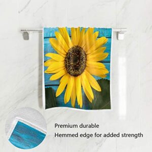 QUGRL Blue Wood Sunflower Hand Towels Yellow Flower Kitchen Dish Towels, Soft Quality Premium Fingertip Washcloths Bathroom Decor for Guest Hotel Spa Gym Sport 30 x 15 inches