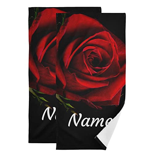 Red Rose Flower Close Up Custom Towels Set of 2 Hand Towel Personalized Name Face Towel Soft Dish Towels for Gym Bath Kitchen Decor 28x14 Inches