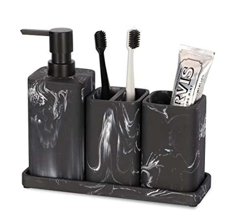 zccz Bathroom Accessory Sets - Marble Design 4 Piece Bathroom Accessories Complete Set - Soap Dispenser, Toothbrush Holder, Bathroom Tray, Bathroom Tumbler - Vanity Countertop Organizer, Black