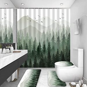 zyllglow forest shower curtain set boho shower curtain set with rugs, abstract mountain bathroom decor accessories bathroom set with shower curtain and rugs leaves curtain set