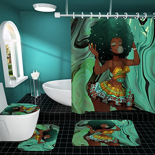 Izayoi 4Pcs Black Girl Shower Curtains Sets Kids Bathroom Sets with Shower Curtain and Rugs, Colorful Bubble Girl Cute Shower Curtains with Rugs and Toilet Lid Cover