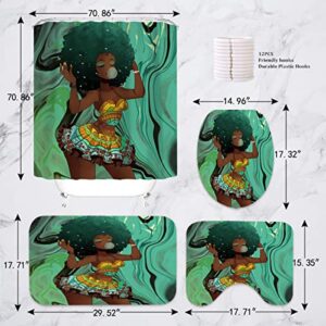 Izayoi 4Pcs Black Girl Shower Curtains Sets Kids Bathroom Sets with Shower Curtain and Rugs, Colorful Bubble Girl Cute Shower Curtains with Rugs and Toilet Lid Cover