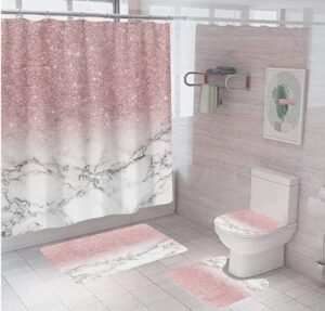 hedybard 4 pcs pink bathroom shower curtain set with waterproof shower curtain, non-slip soft flannel rugs, toilet lid cover, bath mat and 12 hooks for home decorations, pink, 72"x72"
