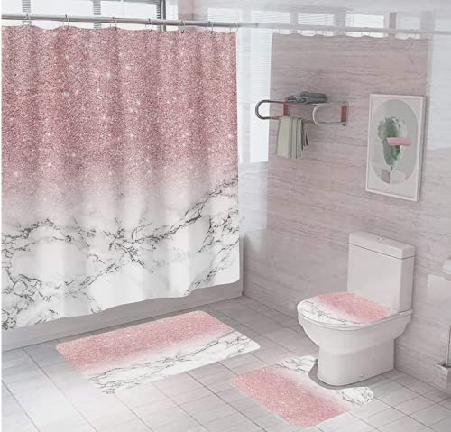 HEDYBARD 4 Pcs Pink Bathroom Shower Curtain Set with Waterproof Shower Curtain, Non-Slip Soft Flannel Rugs, Toilet Lid Cover, Bath Mat and 12 Hooks for Home Decorations, Pink, 72"x72"