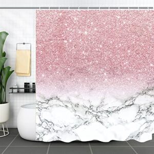 HEDYBARD 4 Pcs Pink Bathroom Shower Curtain Set with Waterproof Shower Curtain, Non-Slip Soft Flannel Rugs, Toilet Lid Cover, Bath Mat and 12 Hooks for Home Decorations, Pink, 72"x72"