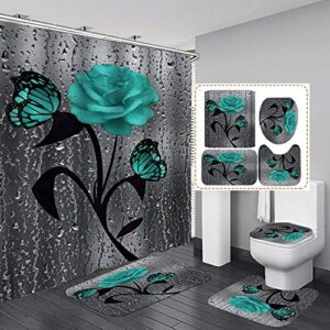 ochine 4 pcs rose shower curtain sets floral bathroom shower curtain set with rugs, toilet lid cover and bath mat, waterproof polyester fabric flower shower curtains for bathroom decor with 12 hooks