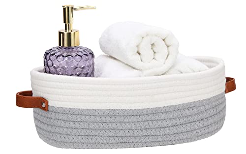 HLWDFLZ Bathroom Countertop Organizer Basket, Cotton Rope Woven Storage Basket Toilet Paper Decorative Basket for Bathroom, Bedroom, Living Room, Entryway (White/Gray)