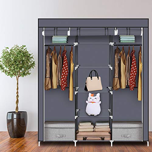 Portable Clothes Closet Non-Woven Fabric Wardrobe Double Rod Storage Organizer 69" - Gray