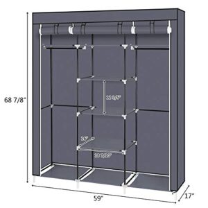 Portable Clothes Closet Non-Woven Fabric Wardrobe Double Rod Storage Organizer 69" - Gray