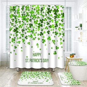 artsocket 4 pcs shower curtain set happy saint patrick day green four leaf shamrock clover with non-slip rugs toilet lid cover and bath mat bathroom decor set 72 x 72 inch