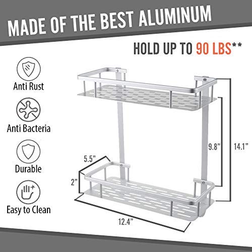 2 Tier Wall Mount Bathroom Shelf Organizer with Hooks, Heavy Duty Shelves for Bathroom Basket Caddy Storage for Bathroom Bedroom Kitchen Toilet Shelves, Shelves Bathroom Installation with Adhesive