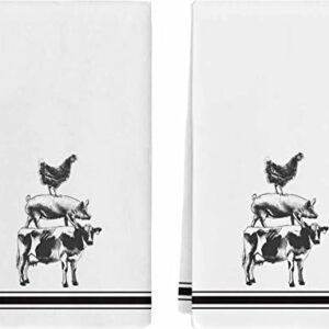 VDLBT Farmhouse Kitchen Towels Stacked Farm Animals Dish Towels Dishcloth Fingertip Hand Bath Towel Black Stripes Soft Tea Towel Set of 2