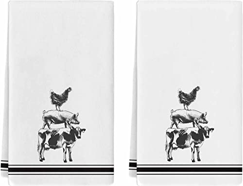 VDLBT Farmhouse Kitchen Towels Stacked Farm Animals Dish Towels Dishcloth Fingertip Hand Bath Towel Black Stripes Soft Tea Towel Set of 2