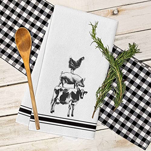 VDLBT Farmhouse Kitchen Towels Stacked Farm Animals Dish Towels Dishcloth Fingertip Hand Bath Towel Black Stripes Soft Tea Towel Set of 2