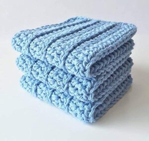 handmade crochet washcloths, 100% cotton washcloths set of 3, dish towels, dish cloths, baby wipes, baby washcloths, spa cloths, blue cotton wash cloths set of 3