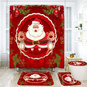 artsocket 4 pcs shower curtain set red santa reindeer merry christmas winter xmas with non-slip rugs toilet lid cover and bath mat bathroom decor set 72" x 72"