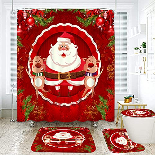 ArtSocket 4 Pcs Shower Curtain Set Red Santa Reindeer Merry Christmas Winter Xmas with Non-Slip Rugs Toilet Lid Cover and Bath Mat Bathroom Decor Set 72" x 72"