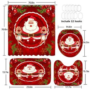 ArtSocket 4 Pcs Shower Curtain Set Red Santa Reindeer Merry Christmas Winter Xmas with Non-Slip Rugs Toilet Lid Cover and Bath Mat Bathroom Decor Set 72" x 72"