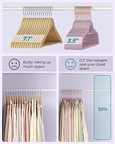 SONGMICS 50-Pack Velvet Hangers and 24-Pack Pants Hangers Bundle, Clothes Hanger with Rose Gold Swivel Hook, Coat Hangers with Movable Clips, Pale Purple and Light Pink UCRF021GP50 and UCRF14PK24