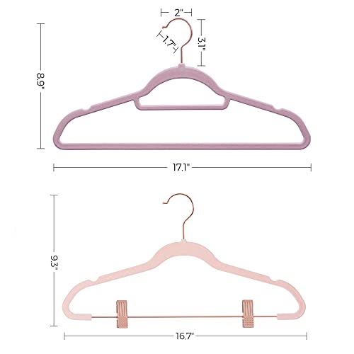 SONGMICS 50-Pack Velvet Hangers and 24-Pack Pants Hangers Bundle, Clothes Hanger with Rose Gold Swivel Hook, Coat Hangers with Movable Clips, Pale Purple and Light Pink UCRF021GP50 and UCRF14PK24