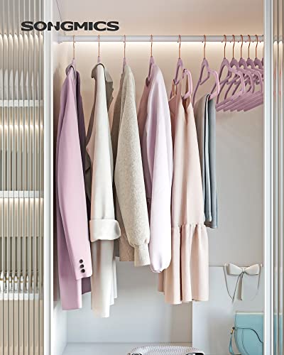 SONGMICS 50-Pack Velvet Hangers and 24-Pack Pants Hangers Bundle, Clothes Hanger with Rose Gold Swivel Hook, Coat Hangers with Movable Clips, Pale Purple and Light Pink UCRF021GP50 and UCRF14PK24