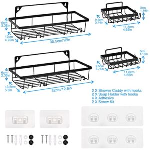 Amouttel 4-Pack Shower Caddy Basket Shelf with Soap Holder,Adhesive No Drilling Wall Mount Shower Shelf for Inside Shower,Black Stainless Steel Bathroom Shower Storage Organizer with Hooks