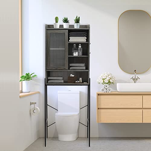 SUNTAGE Over Toilet Storage Cabinet for Bathroom, Over Toilet Shelf Organizer, Freestanding Space Saver with Adjustable Shelves, Wide Open Shelf, Acrylic Sliding Door, Metal Frame, Vintage Grey