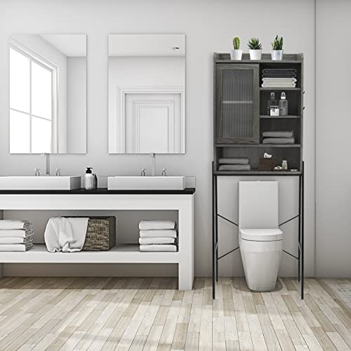 SUNTAGE Over Toilet Storage Cabinet for Bathroom, Over Toilet Shelf Organizer, Freestanding Space Saver with Adjustable Shelves, Wide Open Shelf, Acrylic Sliding Door, Metal Frame, Vintage Grey